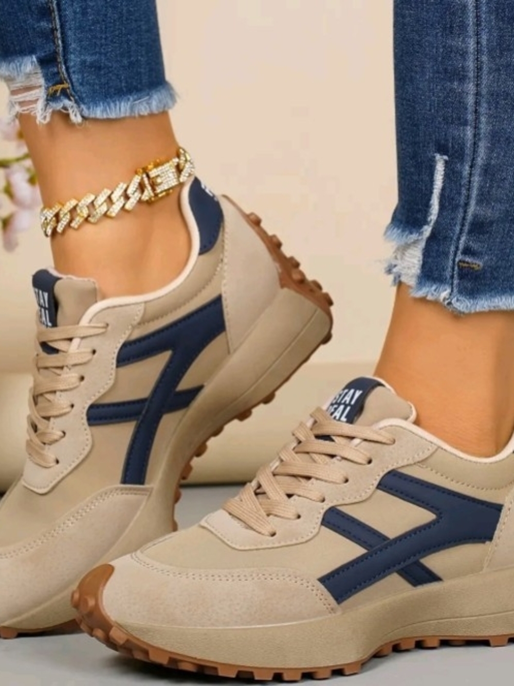 Casual Beige & Navy Women's Sneakers